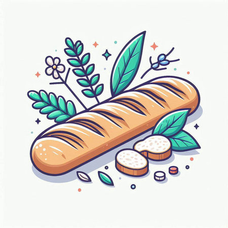 Baguette bread with leaves and seeds. Vector cartoon illustration.のイラスト素材