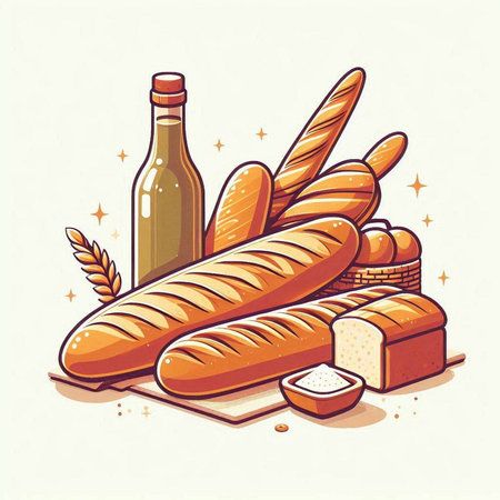 Baguettes, bread and wine in vintage style. Vector illustration.のイラスト素材
