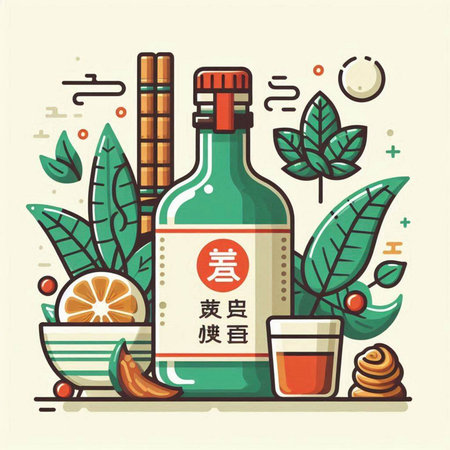 Japanese food and drink vector illustration in flat design style. Sake, ginger, lemon, honey, tea, ginger, soy sauce.のイラスト素材