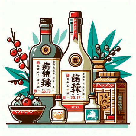 Olive oil in a bottle. Vector illustration. Chinese hieroglyphs.のイラスト素材