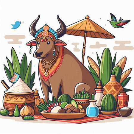 Illustration of a cow with a lot of traditional indian foodのイラスト素材