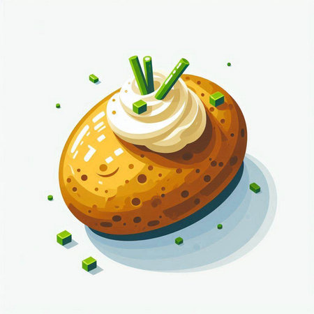 Illustration of a baked sweet potato with cream and green strawsのイラスト素材