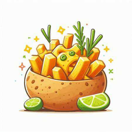 Vector illustration of cartoon potato chips in bowl with lime on white background.のイラスト素材