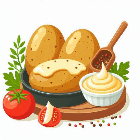Potatoes with mayonnaise on a plate. Vector illustration.のイラスト素材