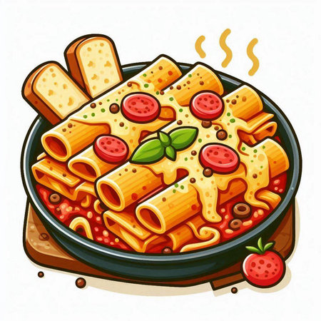 Illustration of a plate of pasta with tomato sauce and mozzarellaのイラスト素材