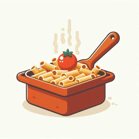 Illustration of macaroni in a pot with tomato on topのイラスト素材