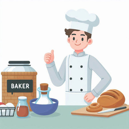 Chef cooking food in kitchen. Vector illustration in cartoon style.のイラスト素材