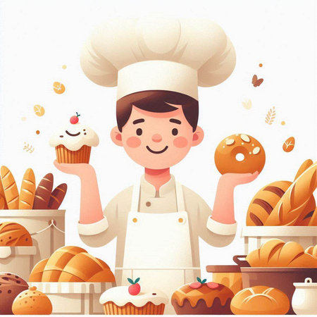 Cute cartoon chef with fresh bread and bakery products, vector illustrationのイラスト素材