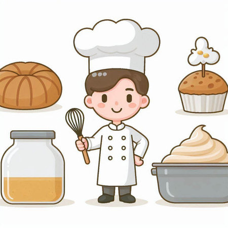 Illustration of a Cute Little Chef Cartoon Character with Different Bread and Pastryのイラスト素材