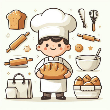 Cute boy chef with bread and bakery icons. Vector illustration.のイラスト素材