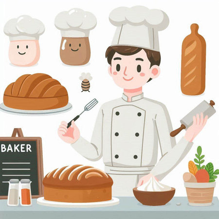 Illustration of a male chef in a restaurant kitchen garnishing a cakeのイラスト素材