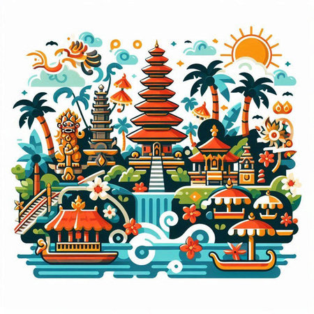 Bali, Indonesia travel and tourism concept. Colorful vector illustrationのイラスト素材
