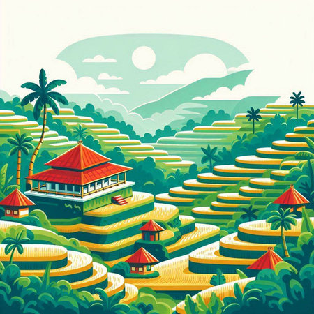 Vietnam rice terraces. Vector illustration. Retro style.のイラスト素材