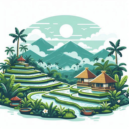 Rice terraces in Bali, Indonesia. Vector illustration.のイラスト素材
