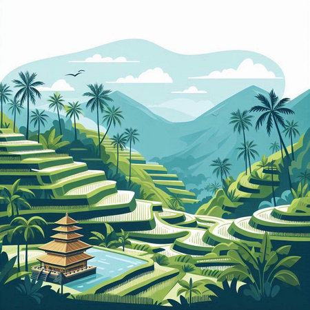Rice terraces in Bali, Indonesia. Vector illustration.のイラスト素材