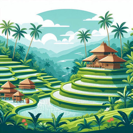 Rice terraces with bungalows in the jungle. Vector illustrationのイラスト素材