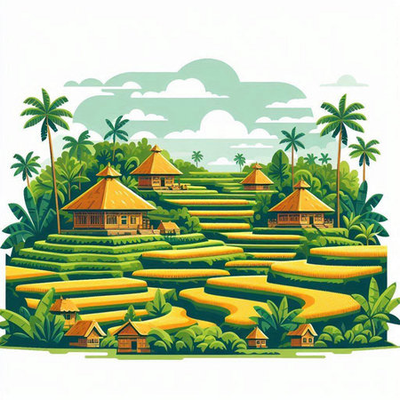 Rice terraces with palm trees and huts. Vector illustration.のイラスト素材
