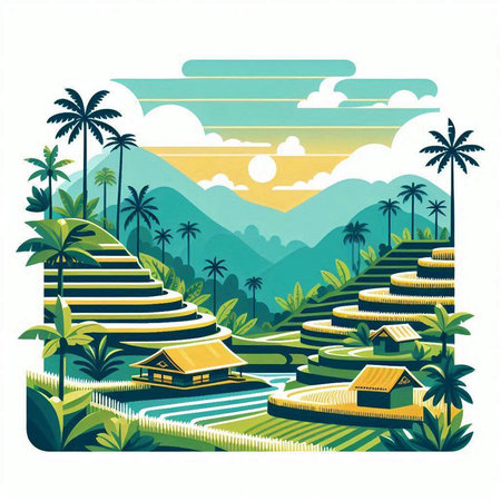 Rice terraces with mountains and palm trees, vector illustration.のイラスト素材
