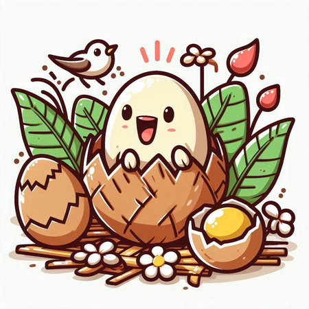 Easter egg in a nest with eggs and birds. Vector illustration.のイラスト素材