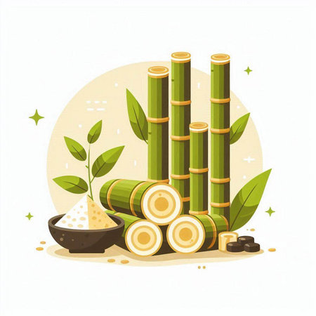 Vector illustration of a set of bamboo, sugarcane, green leaves.のイラスト素材