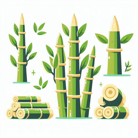 Set of bamboo plants and leaves. Vector illustration in flat style.のイラスト素材