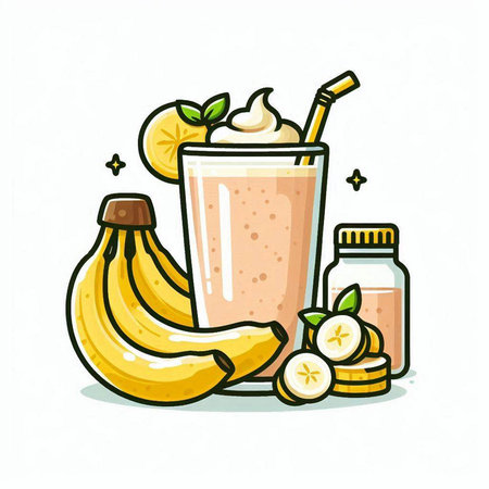 Banana smoothie and ingredients. Vector illustration of banana smoothie.のイラスト素材