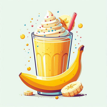 Banana smoothie in a glass with whipped cream. Vector illustration.のイラスト素材