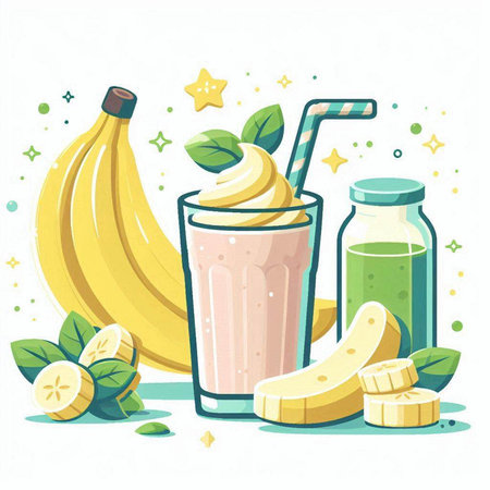 Banana smoothie in a glass with a straw. Vector illustration.のイラスト素材