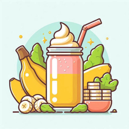 Banana smoothie in a jar with a straw. Vector illustration.のイラスト素材