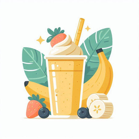 Banana smoothie with whipped cream and fresh berries. Flat vector illustration.のイラスト素材