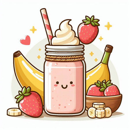 Strawberry and banana smoothie in a jar. Vector illustration.のイラスト素材