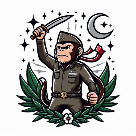 Vector illustration of a monkey in a military uniform holding a saberのイラスト素材
