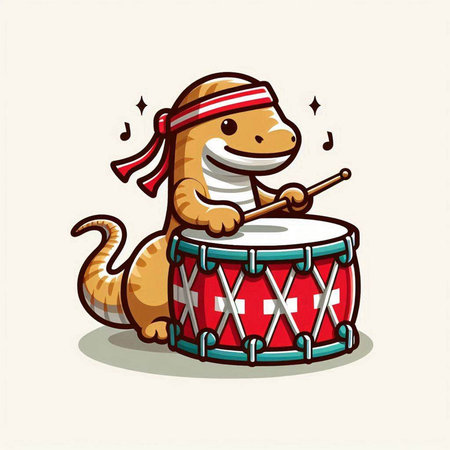 Cute dog playing a drum on white background. Vector illustration.のイラスト素材