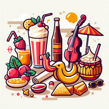 Vector illustration of a set of drinks, cocktails, snacks and musical instruments.のイラスト素材