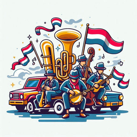 Group of musicians in a car with flags and trumpets. Vector illustration.のイラスト素材