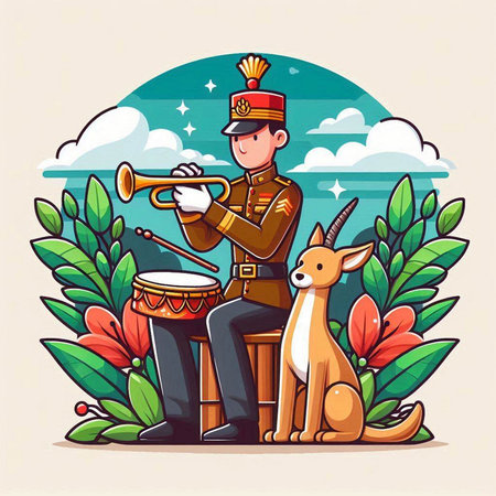 Vector cartoon illustration of a soldier playing the trumpet in the park.のイラスト素材