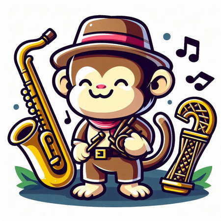 Cute monkey playing the saxophone. Vector cartoon character illustration.のイラスト素材