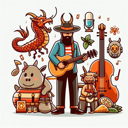 Vector illustration of a man in a hat playing the guitar, singing a song, singing a song, dancing, playing the guitar.のイラスト素材