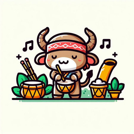 Cute cow with drumsticks. Vector illustration in cartoon style.のイラスト素材