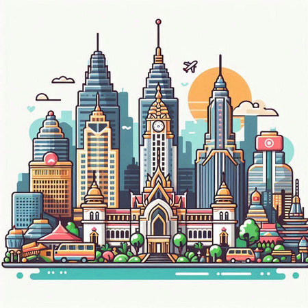 Vector illustration of Bangkok city skyline with famous landmarks in flat style.のイラスト素材