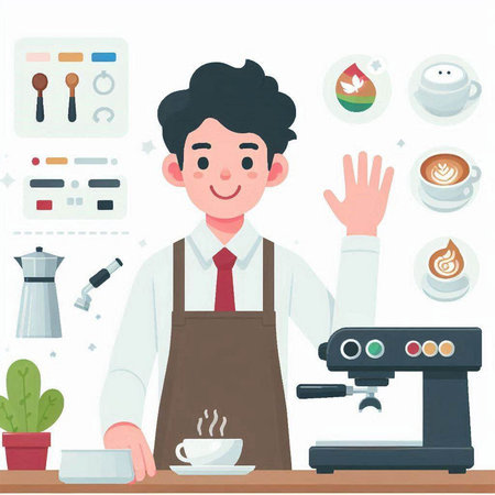 Coffee barista in apron making coffee. Vector illustrationのイラスト素材
