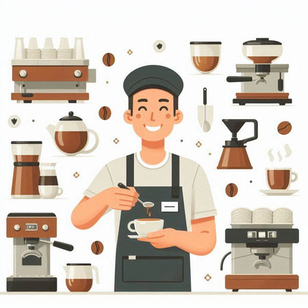Coffee shop, barista in apron making coffee. Vector illustrationのイラスト素材