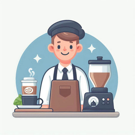 Coffee shop concept. Vector illustration in cartoon style. Barista with coffee machine and coffee cup.のイラスト素材