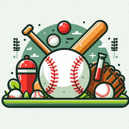 Baseball and baseball equipment. Vector illustration in flat line style.のイラスト素材