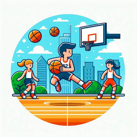 Basketball player with ball and hoop in city park vector illustration.のイラスト素材