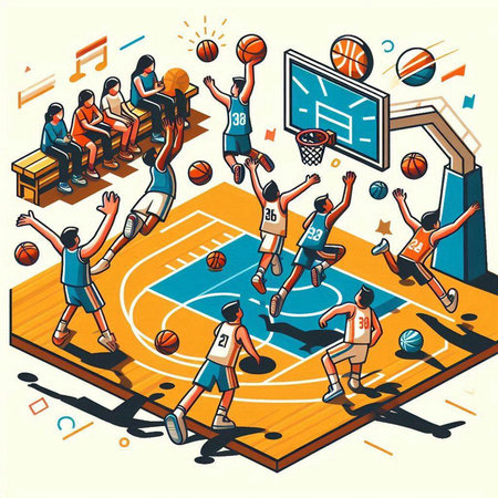 Basketball players in action on basketball court. Isometric vector illustrationのイラスト素材