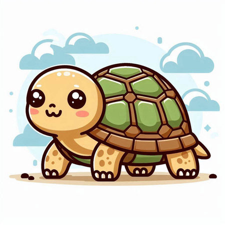 Cute cartoon turtle with clouds on the background. Vector illustration.のイラスト素材