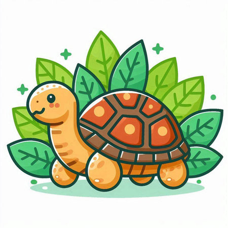 Cute turtle with leaves on a white background. Vector illustration.のイラスト素材