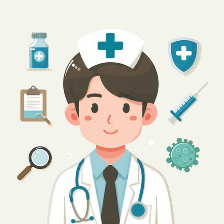 Doctor with stethoscope and medical icon set. Vector illustration.のイラスト素材