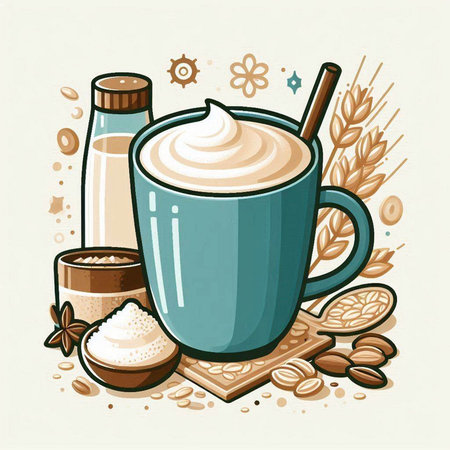 Coffee time. Vector illustration of a cup of cappuccino and ingredients.のイラスト素材